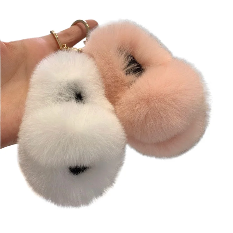Creative Hot-Selling Rex Rabbit Fur Ball Small Slippers Pendant Key Ring Girl Bag Pendant Car Key Chain Good Birthday Gift