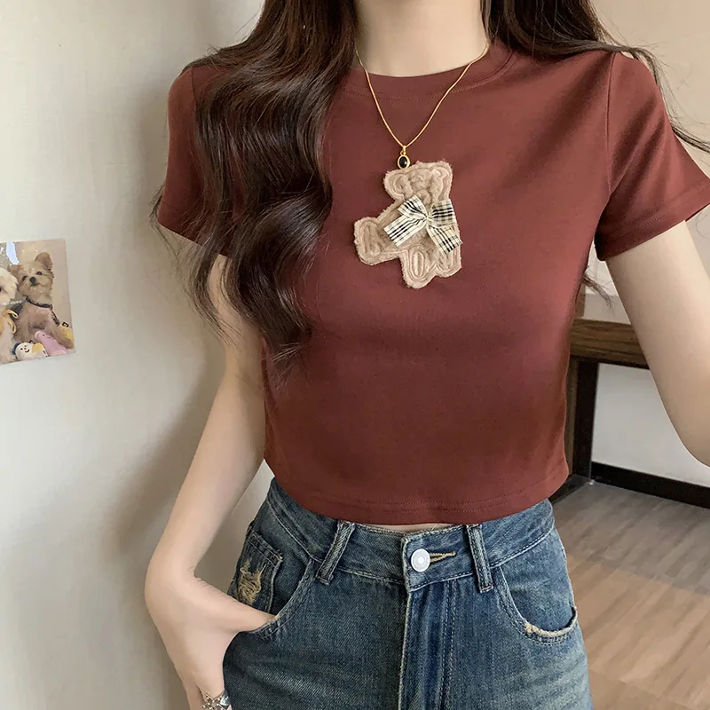 Women Animal Embroidered Round Neck Shirts Summer Fashion Short Slim Tops