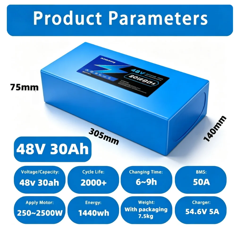 Aleaivy 48V Scooter Battery 21700 13S6P 30Ah Lithium Battery Pack Built in 50A BMS for 250W-2000W Electric Bike Bicycle, Scooter and Bafang Motor With 5A Charger