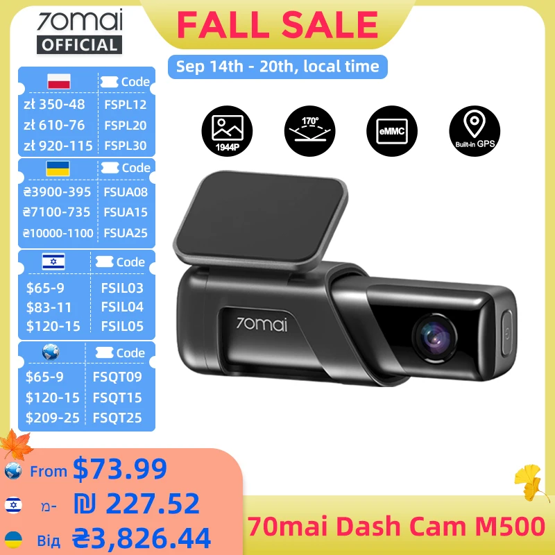 70mai Dash Cam M500 1944P 170FOV 70mai M500 Car DVR Dash Camera Recorder GPS ADAS 24H Parking Monitor EMMC Built-in Storage