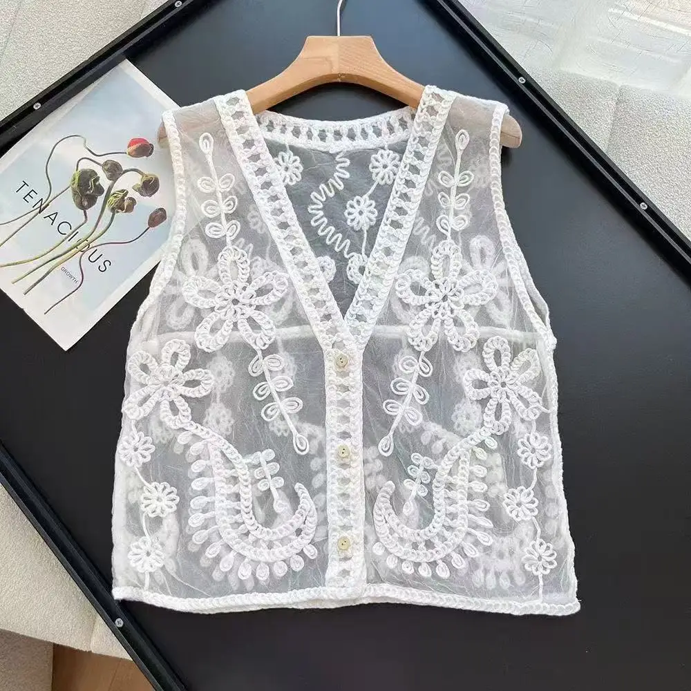 Embroidered Paisley Crochet Vest for Women Hollow-out Floral Open Knit Sleeveless Lace Cardigan Boho Summer Festival Outfit