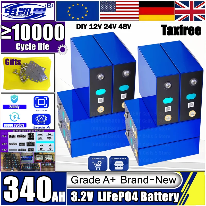 

Neuer LiFePO4 3,2 V 340 Ah 10.000 Zyklen wiederaufladbarer Akku, geeignet für DIY 12 V 24 V 48 V Wohnwagen-Marine-Solarenergiesy