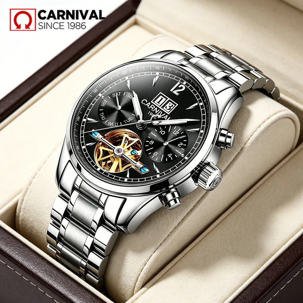CARNIVAL Luxury Brand Automatic Watches Men Stainless Steel Tourbillon Mechanical Watch Luminous Waterproof Date Clock Reloj