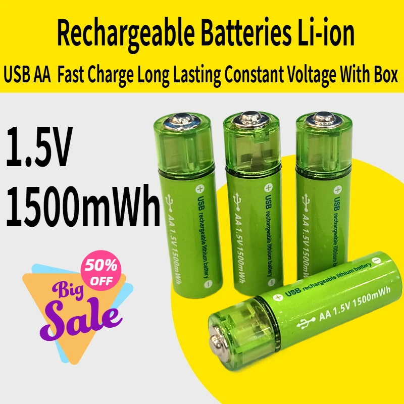 

New USB Rechargeable AA Batteries Li-ion 1.5V 1.5H 1500mWh Fast Charge Long Lasting Constant Voltage With Box