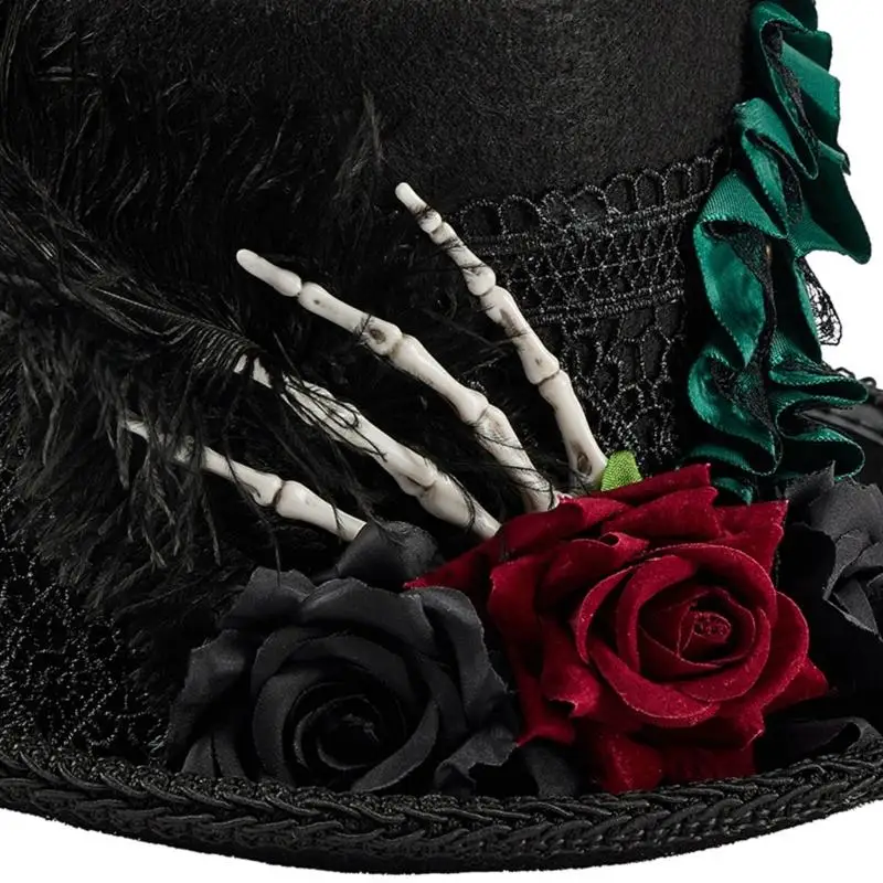 39BD Dark Series Steampunk Top Hat Breathable Wool Tall Hat with Skeleton Hand Decors