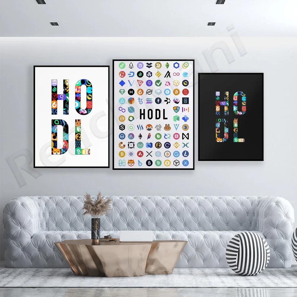 Crypto Coins Logos Wall Art Poster for Traders - 'Hodl' Motto Wall Street Stock Markets Design Forex Trading Room Decor