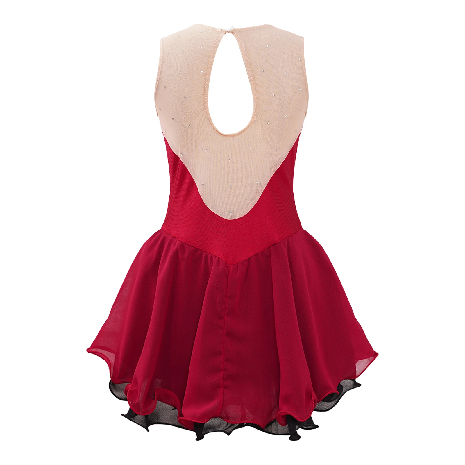 Kids Girls Shiny Rhinestone Figure Skating Dress Round Collar Hollow Back Ruffle Gymnastics Ballet Jersey Lyrical Dance Dress