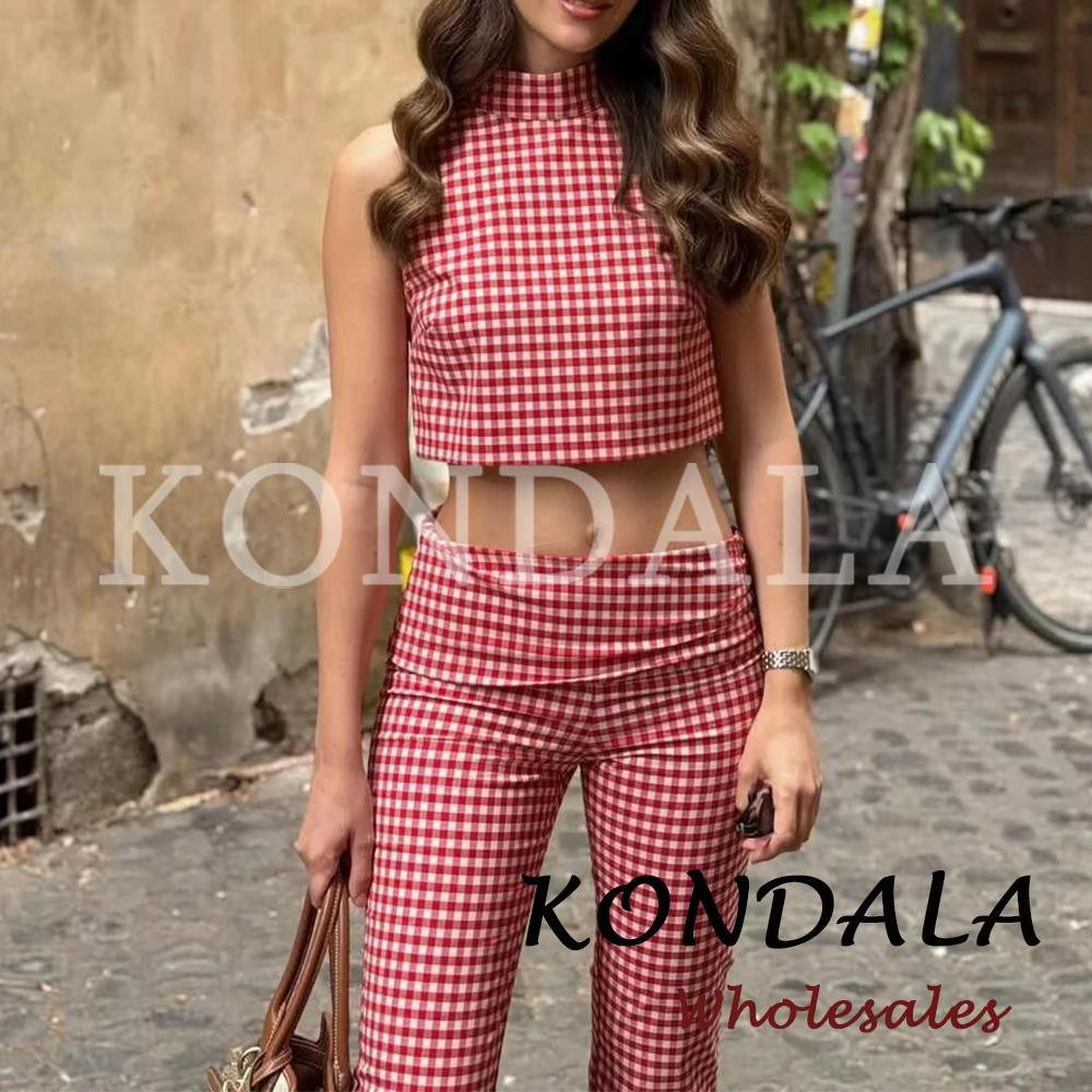 

KONDALA Chic 2026 Women Red Plaid Y2K Vintage Suit Slim Short Vest+Zipper Long Slim Capri Pants Casual Spring Elegant Female Set