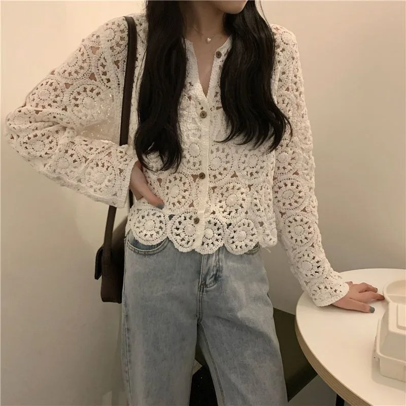 Hollow out sun cardigan top for women summer 2023 casual solid loose long sleeved hook lace small shirt short cardigan female