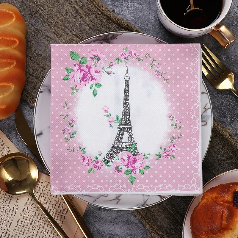 20pcs 2Layer 33cm Eiffel Tower Napkins Pink Rose Tower Dots Paper Meal Mat Party Drawing Paper DIY Decoupage Paper