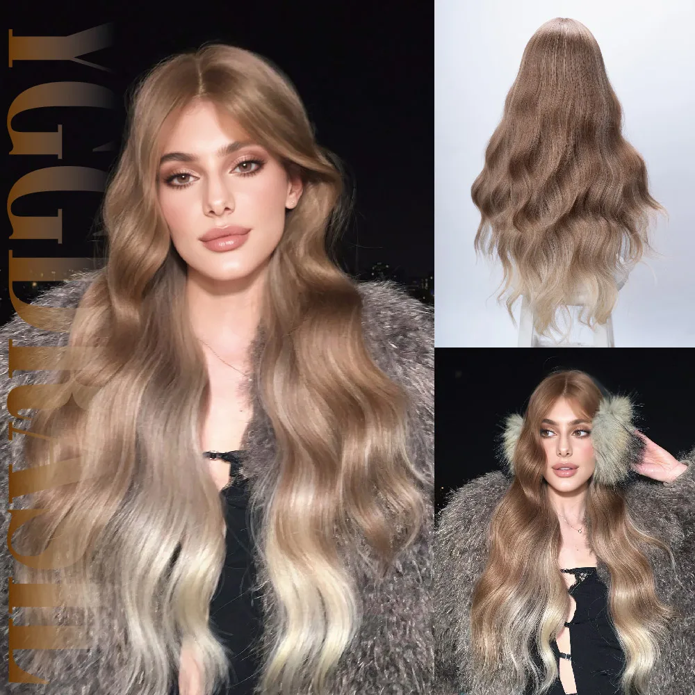 

30Inch Vintage Style Blonde Ombre Synthetic Lace Wigs Middle Part Long Wavy Lace Front Hair For Women Daily Use Heat Resistant