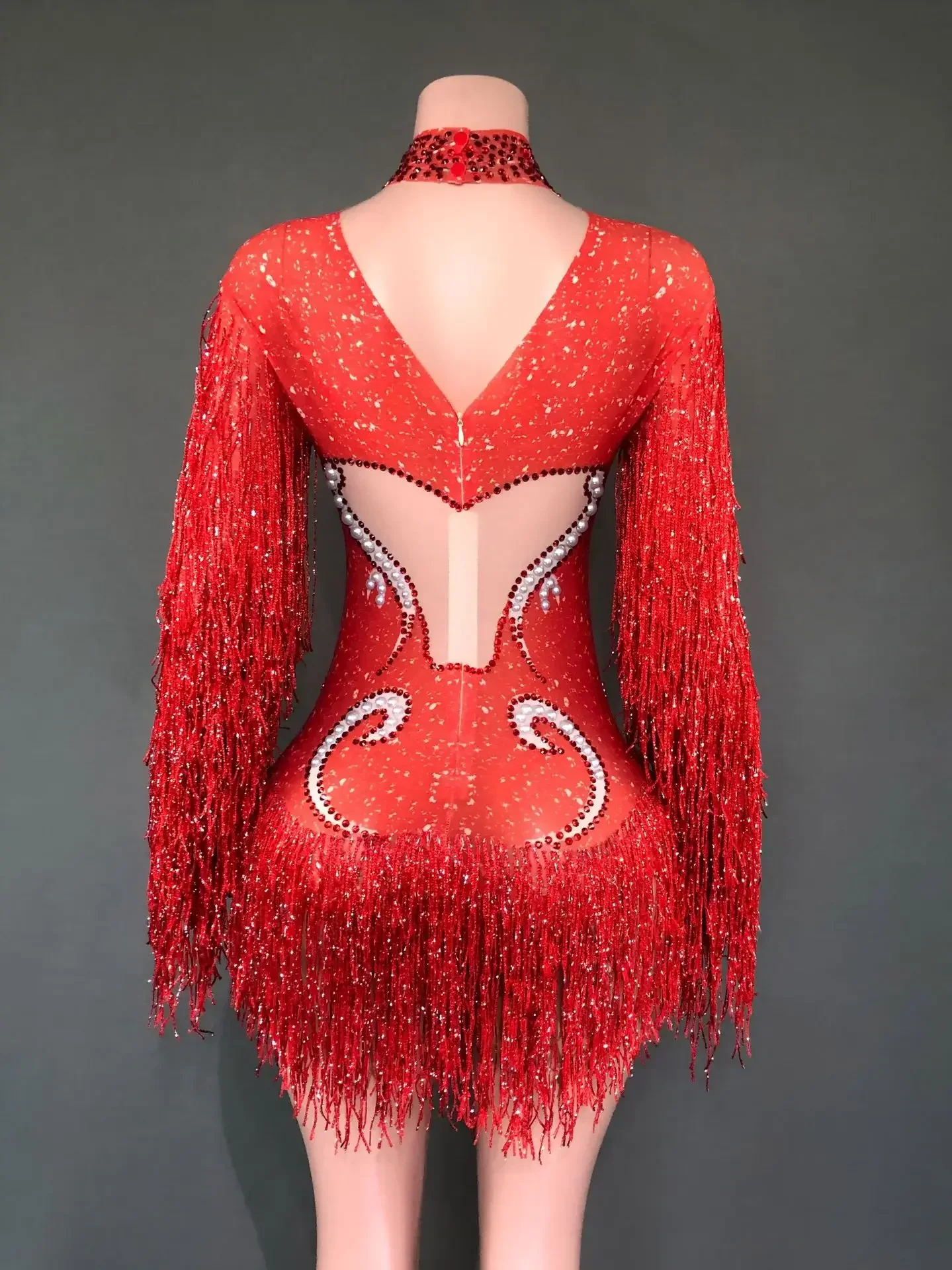 Neues Tanzkostüm für Frauen, Geburtstagsparty-Outfit, Luxuriöser Grauer Fransen-Body mit Silberfarbenen Strasssteinen und Perlen, Transparenter Bodysuit – Detail 16