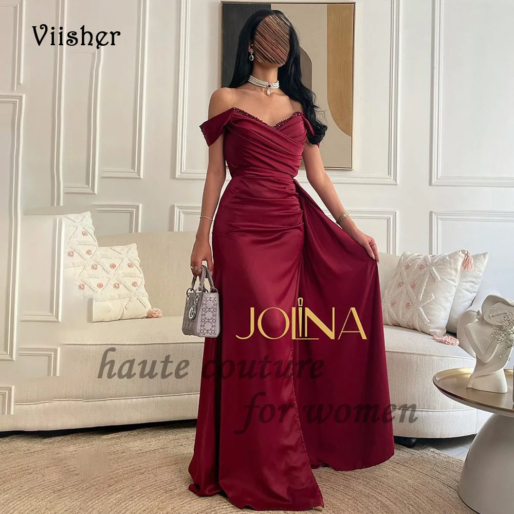 

Burgundy Mermaid Evening Dresses Off Shoulder Beads Satin Arabic Prom Dress with Train Long Celebrate Party Gowns Lace Up Back