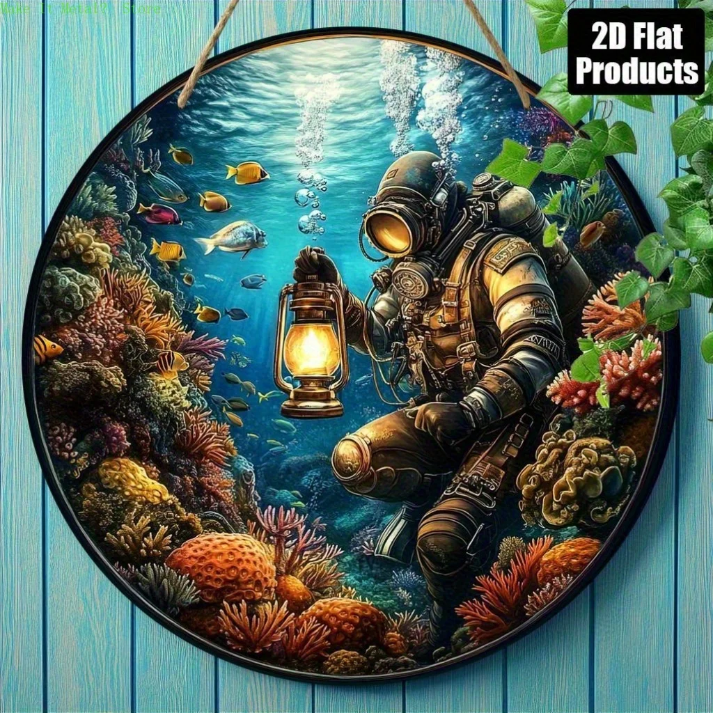 2D Flaches Vintage-Tin-Schild mit Tiefseetaucher und Laterne auf Korallenriff, Retro-Metallwandkunst für nautische, küstennahe, ozeanische und D-Beach-Motive