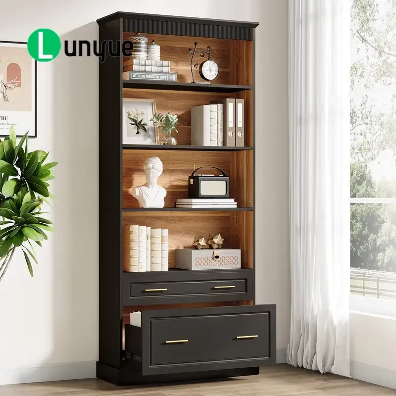 5-Tier Bookshelf with Filing Cabinet Drawers 72 Inch Tall Modern Freestanding Wooden Storage Shelf for Home Office Living