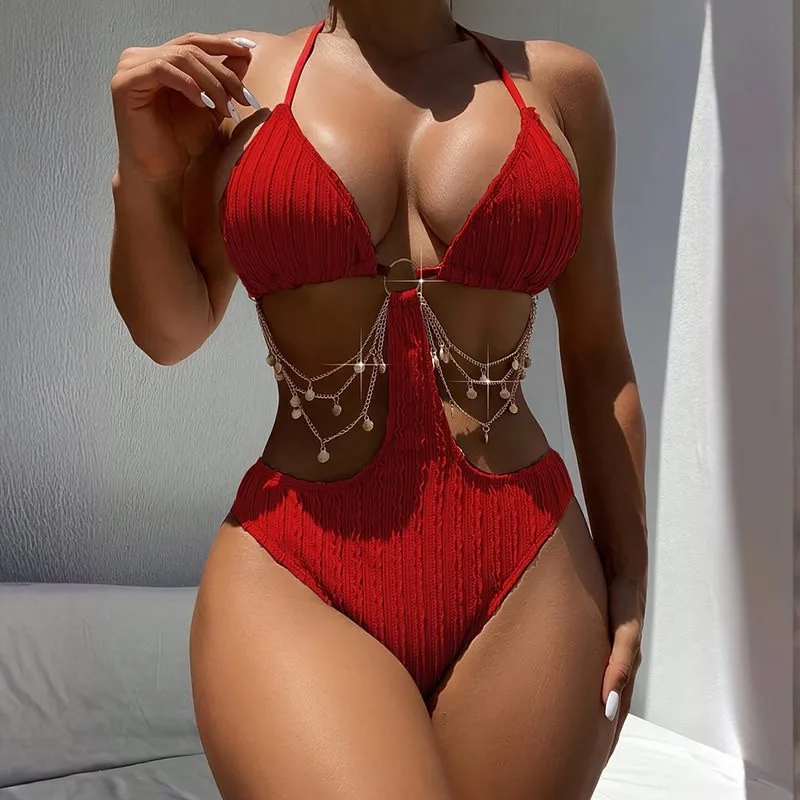 

Pure Desire Wind Beach European and American Lace-up Sexy Hollow Bikini One-piece Swimsuit Women's Hot Spring 2025 New Swimsuit