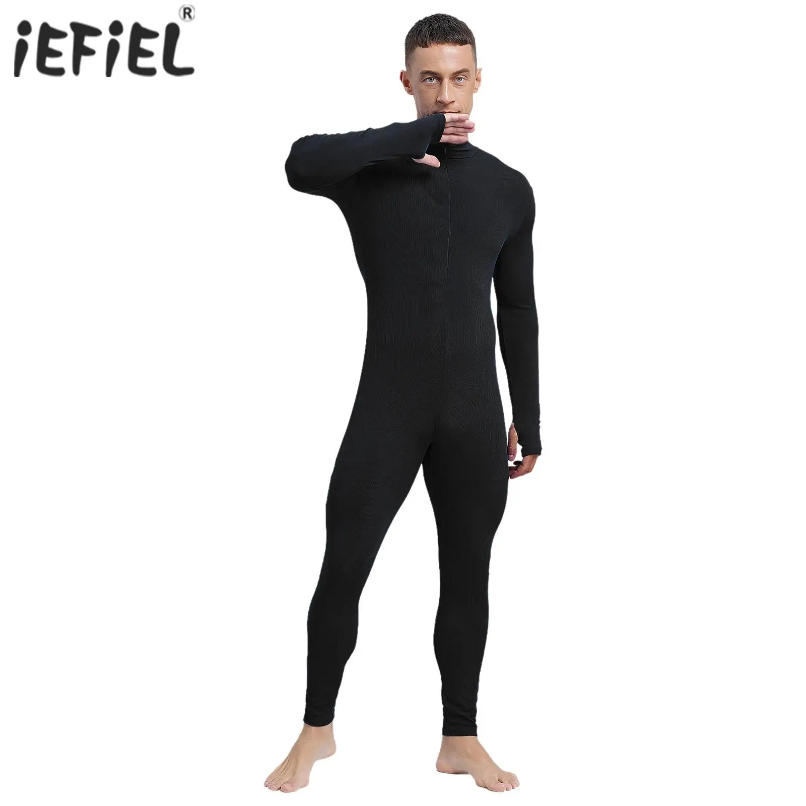 Mens Athletic Dance Jumpsuit Mock Neck Long Sleeve Long Pants Front Zipper Rompers Unitard for Sports Gymnastics Workout Yoga