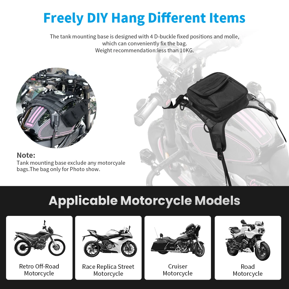 Universal Fit Motorbike Mount Base & Tank Protector - Fits All Bike Bags, Gas Tank Storage Expansion Part