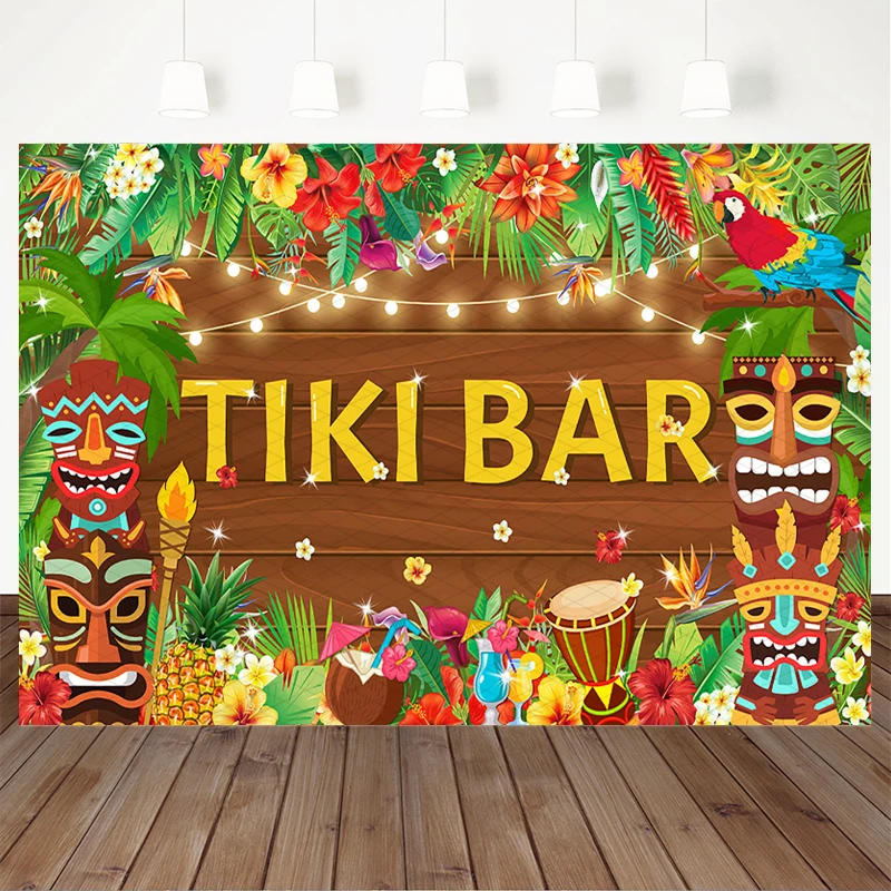 Mocsicka Tiki Bar Photography Backdrop Tropical Hawaiian Party Background Cloth Summer Wooden Plank Mask Palm Leaves Photo Booth