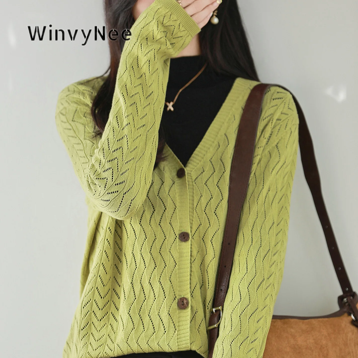 WinvyNee Women 100% Cotton V‑Neck Hollow‑Out Knit Cardigan Versatile Elegant Fine Craft Spring Autumn Outer Piece Cozy ZB1092023