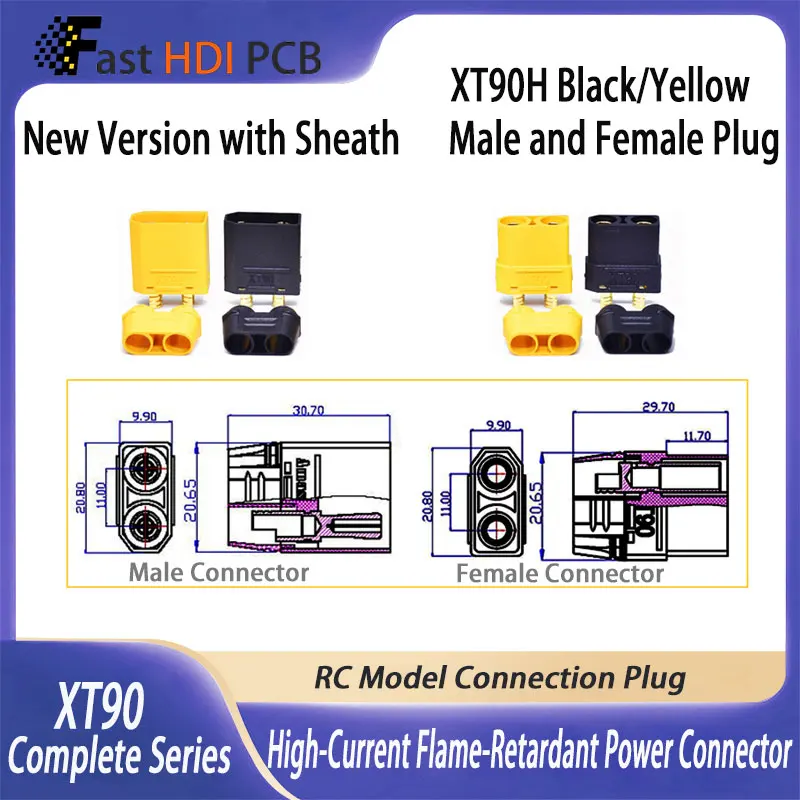 Anti-Spark XT90H-M Connector with Cap 45A High Power Gold Plated Terminals for Aerospace Military Automotive Applications