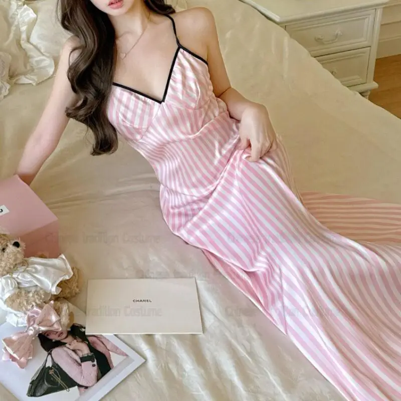 

Розовая полосатая ночная сорочка для женщин, роскошная сексуальная ночнушка на тонких бретелях, женское длинное повседневное домашнее платье, халат с открытой спиной