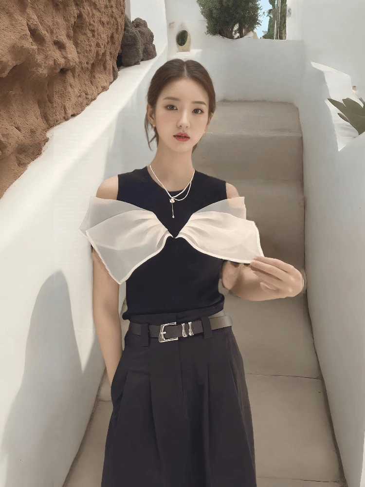 

Ainos Star Brand Store 2026 Autumn Versatile round Neck Sleeveless Lace Trim Knitted Top Women's Slim Fit Knitted Sweater