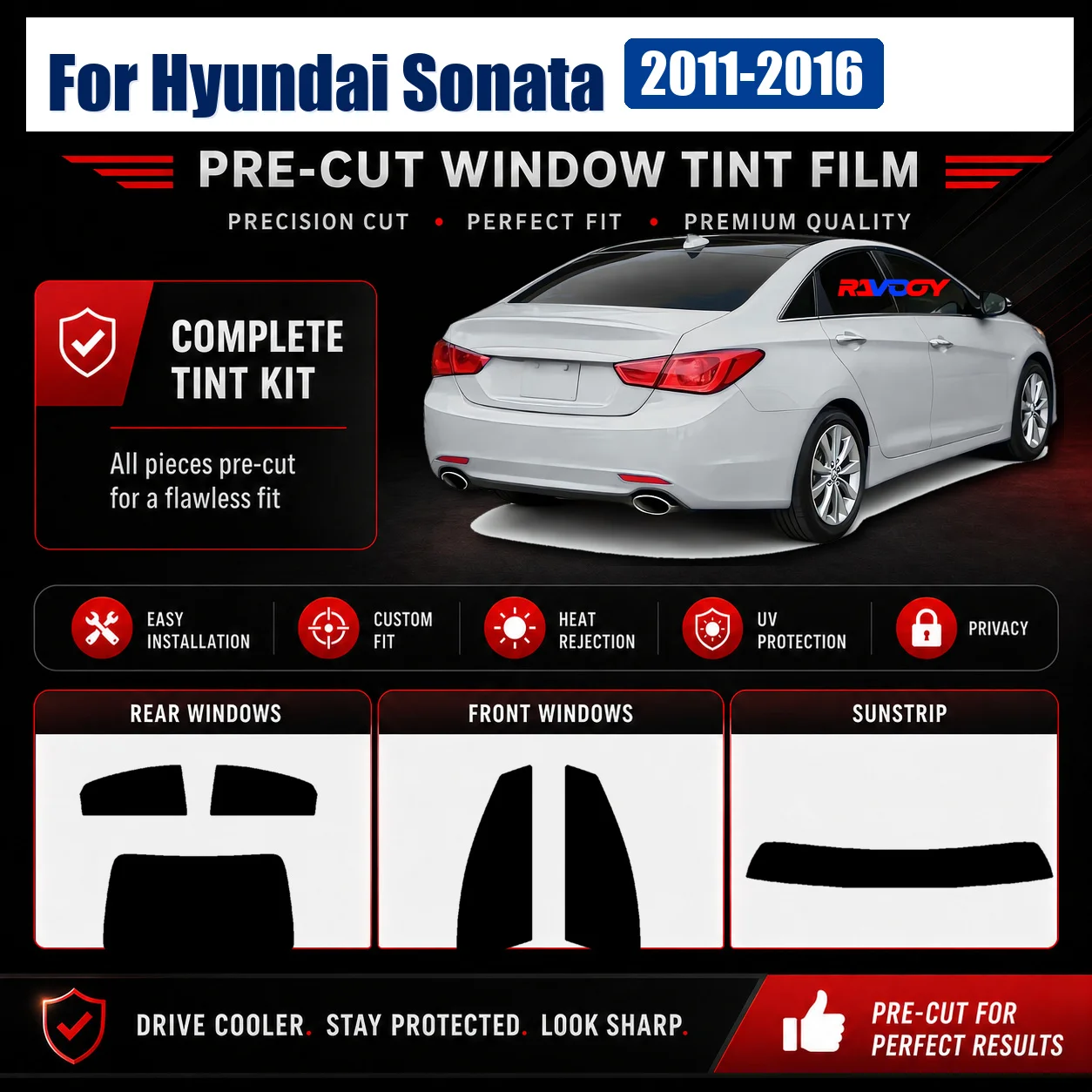 For Hyundai Sonata 2011-2016 Pro-Grade Complete Window Sun Shade Film Precut Glass Kit