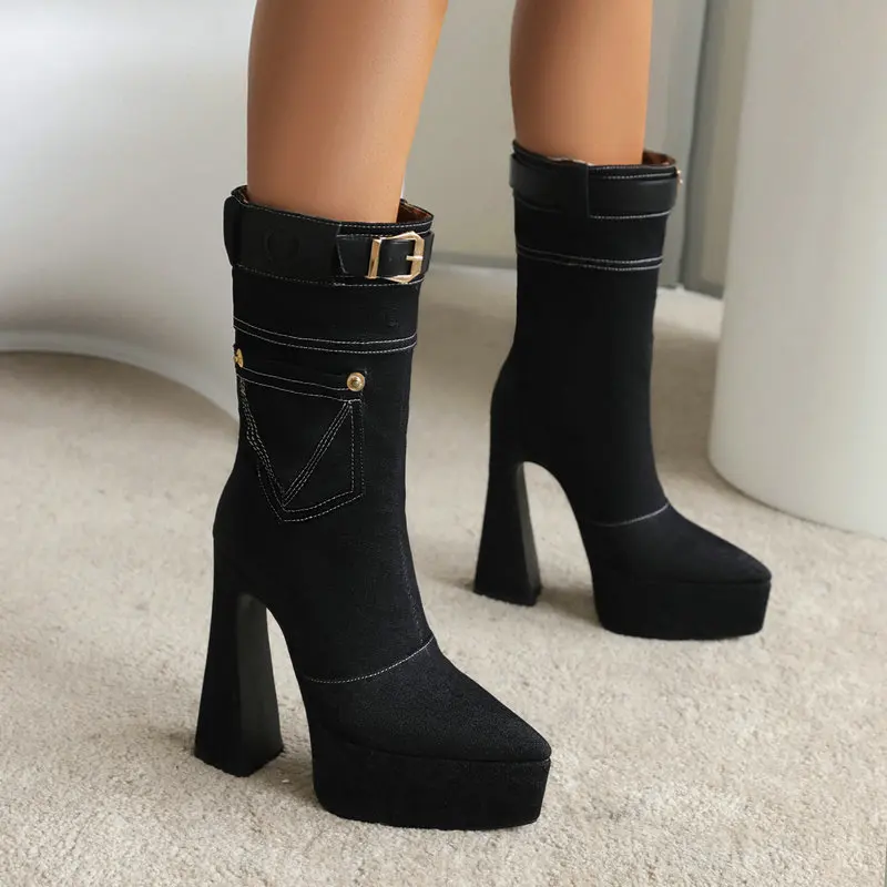 Denim Jeans Blue Black Pointed Toe Western Goth Women Shoes Winter Buckle Belt Mid-calf Platform High Heels Boots With Pocket