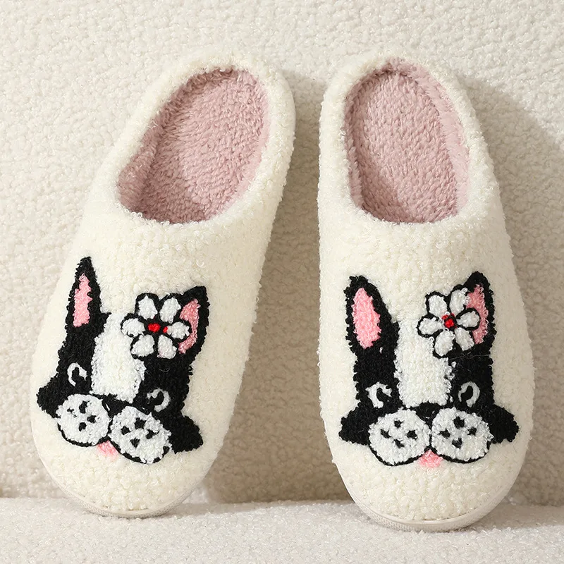 Pet Pattern French Bulldog Embroidery Stuffed Home Platform Cozy Furry Cotton Slippers Cute Warm Non-slip Indoor Slippers