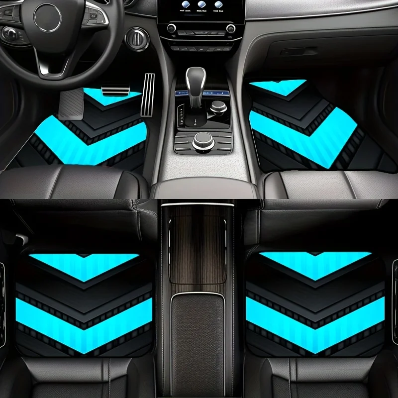 4pcs Black Blue V-Shaped Gaming Style Car Mats, Cool Mecha Design, Wear-Resistant And Non-Slip Universal Floor Mats, Easy-to-Cle