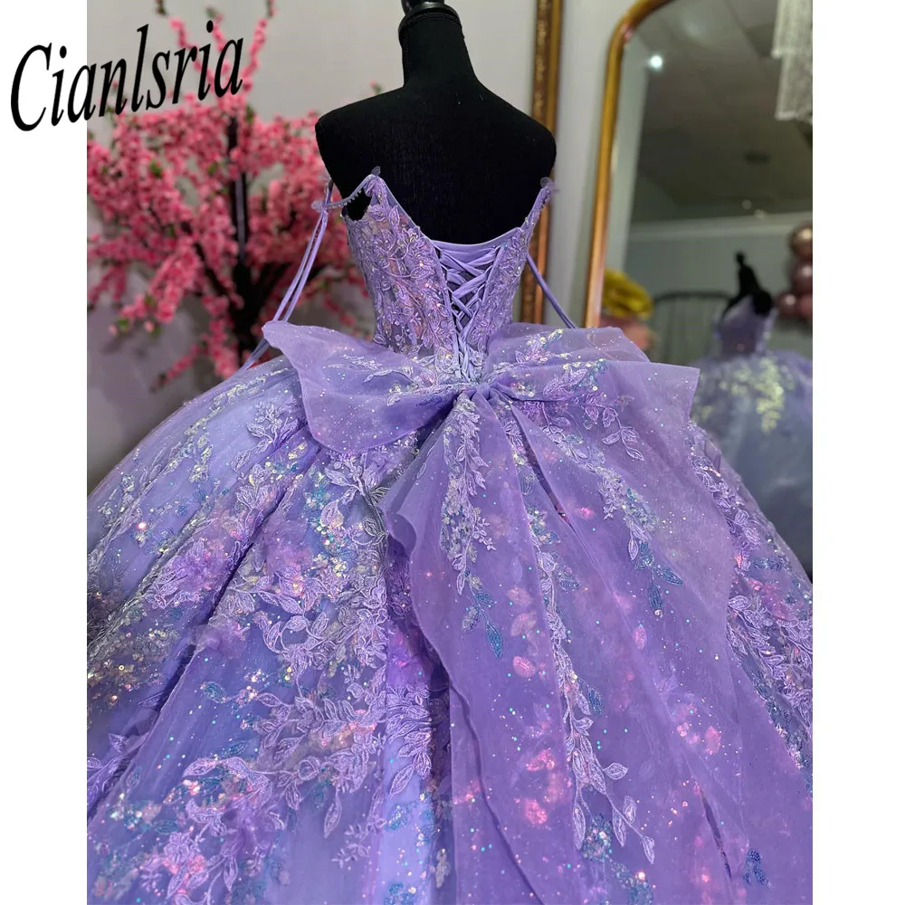 Vestido De quinceañera lila con apliques De lentejuelas, lazo De encaje, correa De espagueti, corsé De flores 3D, 15 Años