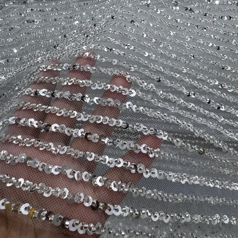 

Stripe Sequin Perspective Mesh Lace Fabric for Fashion Veil Dress Set Design Clothing Diy Sewing Material Cloth Wholesale