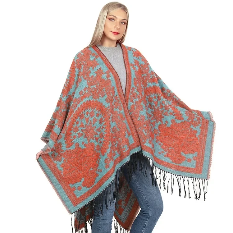 

Autumn Winter Split Knitted Shawl Tassel Double Sided Split Women Imitation Cashmere Poncho Lady Capes Khaki Cloaks