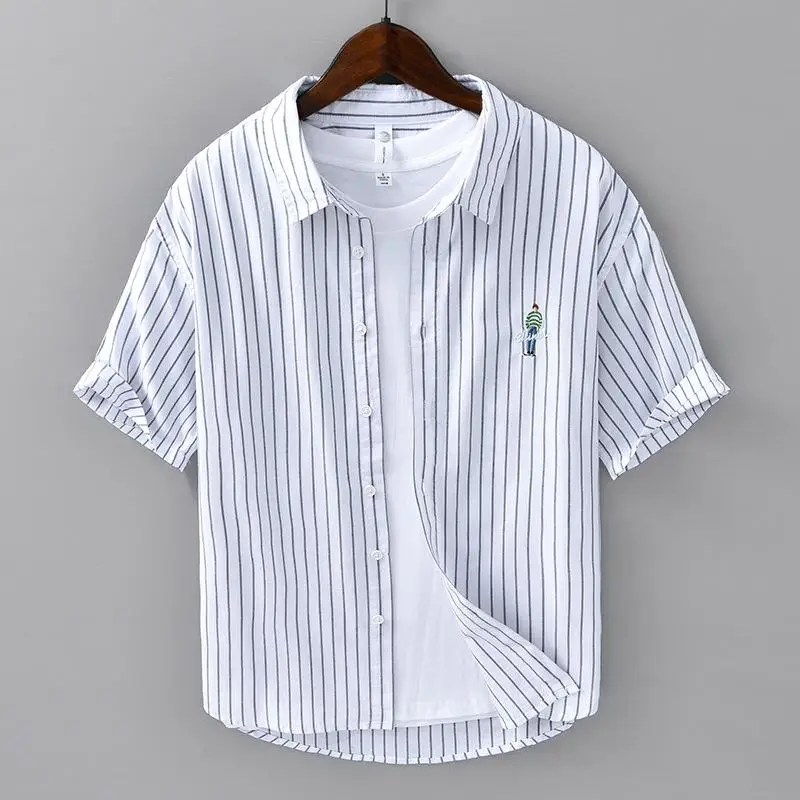 

Trendy Mens Striped Short Sleeve Shirt Comfortable Breathable Cotton Polyester Blend Summer Casual Fashion Inner Wear