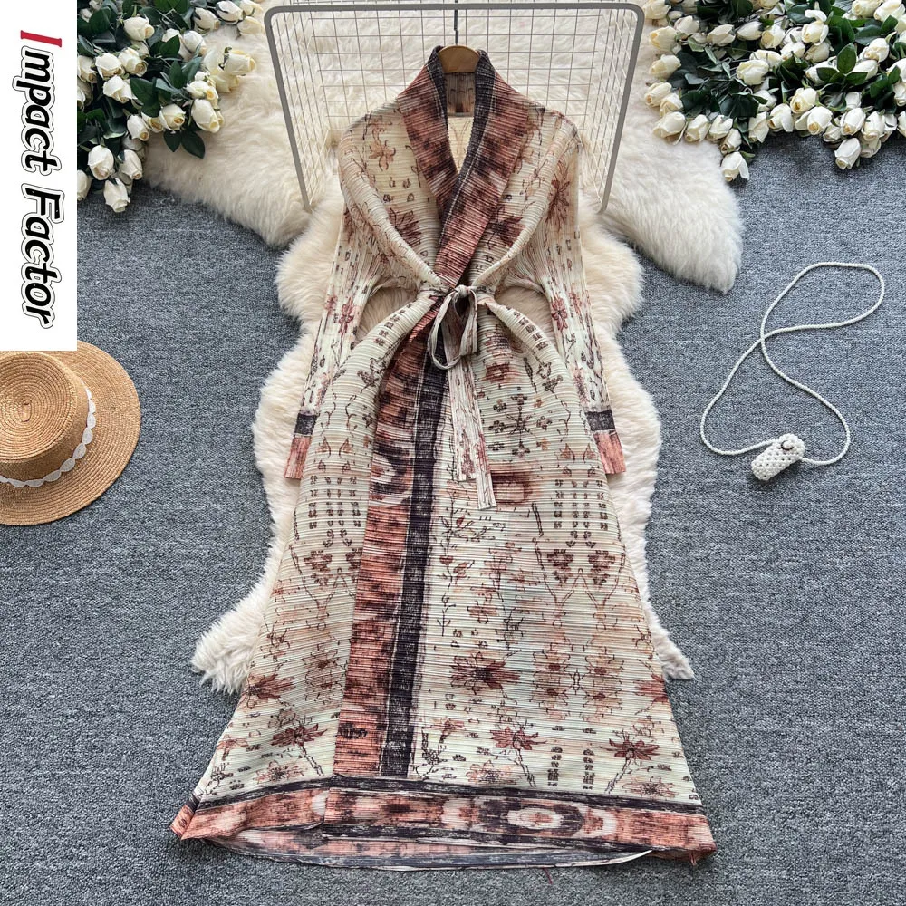 Miyake mode bedrukte jurk dames premium gevoel riem taille v-hals vest met lange mouwen geplooide lange rok