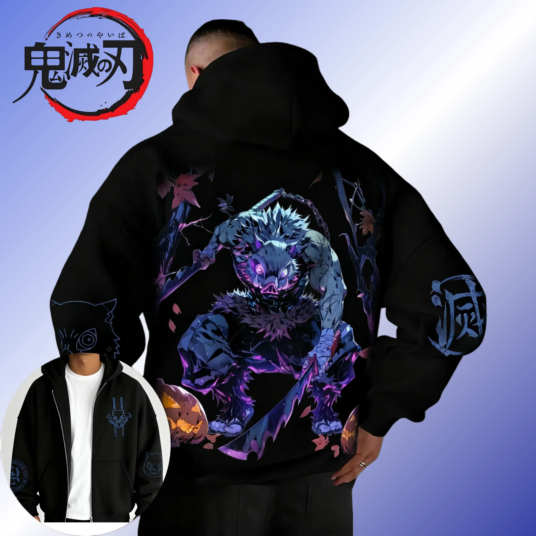 

Demon Slayer Halloween Collaboration Men's Zipper Hoodie Autumn_Winter New Anime Printed Harajuku Casual Loose Sweater Top