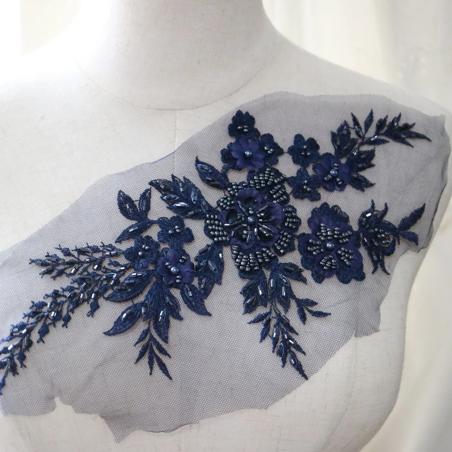 Fashion elegant beads embroidery flower lace appliques for wedding dress Blue embroidered floral patches for clothes big parches