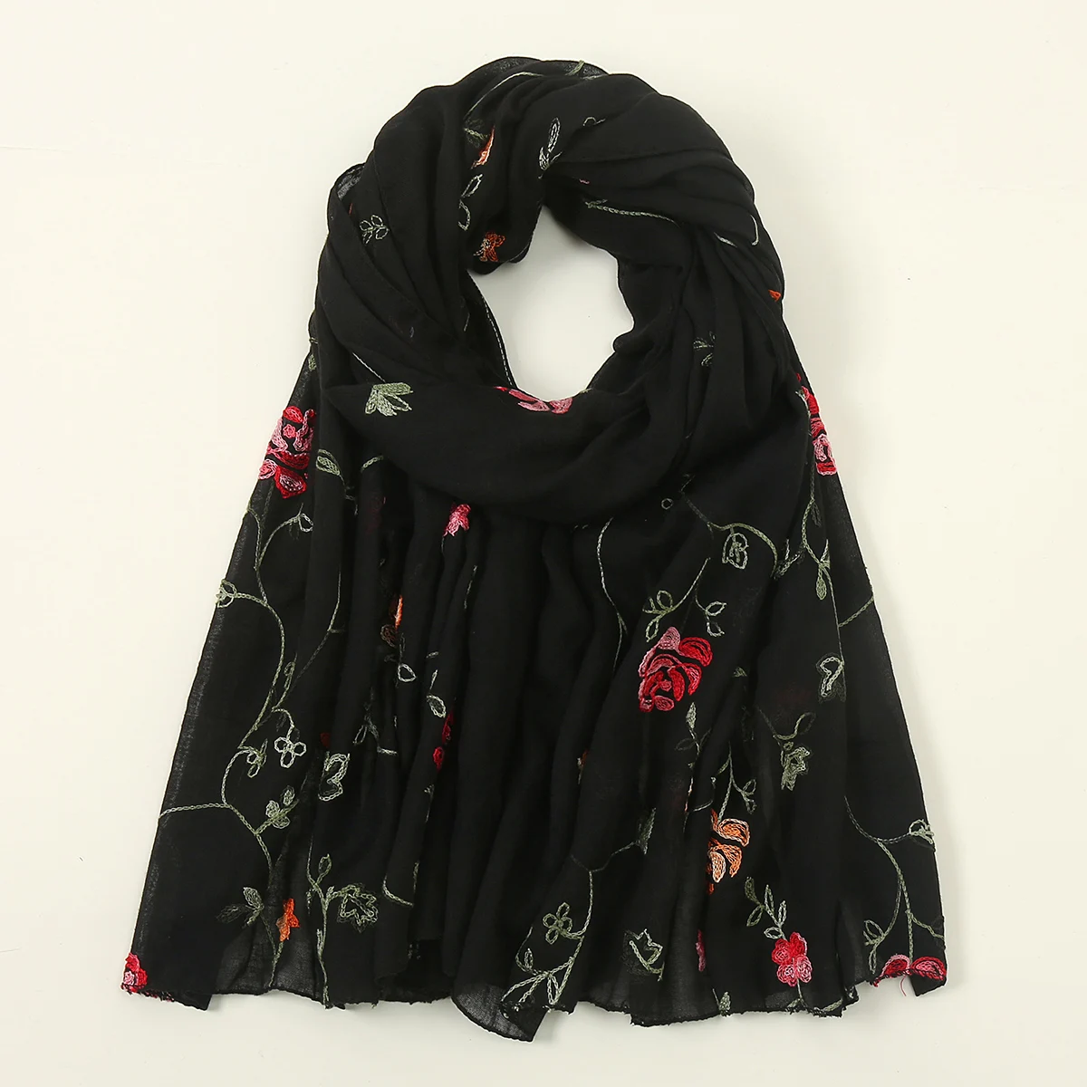 Lenço Hijab de Algodão para Mulheres, Bordado de Flores, Hijab Muçulmano, Foulard, Lenço Longo, Lenço, Envoltórios, Bandana, Xale, Viagem, Novo