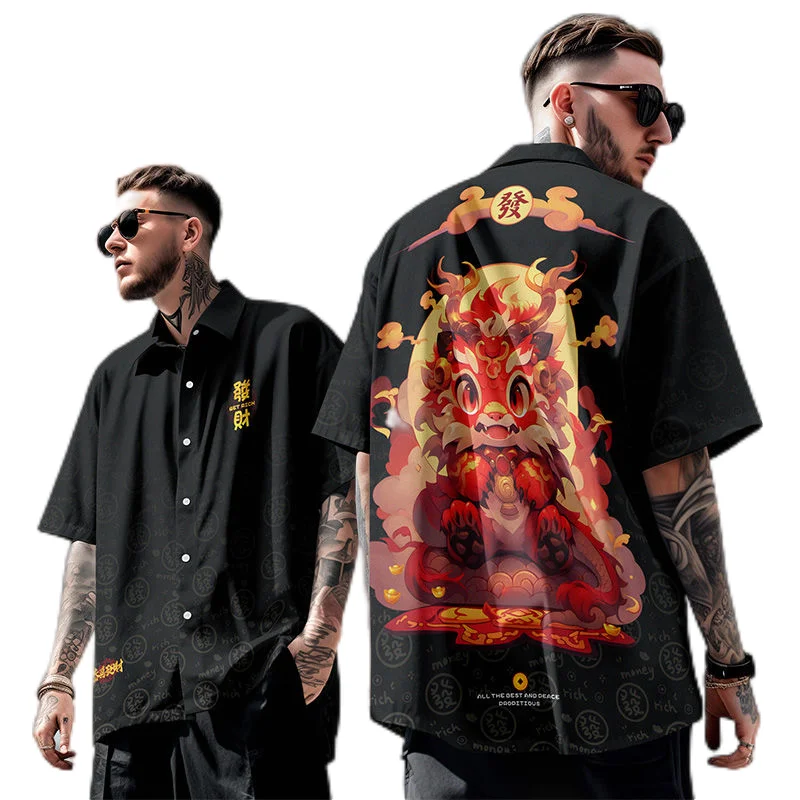Ethnic Chinese Dragon Year 3D Print Blouses Funny Design Gifts Short Sleeve China Loong Graphic Lapel Blouse Boy Shirts Y2k Tops