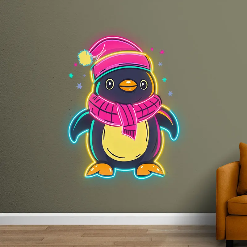 Adorable Penguin Neon Sign, Winter LED Light with Hat and Scarf for Kids Room, Christmas Decoration & Party Decor, Cute Wall Art