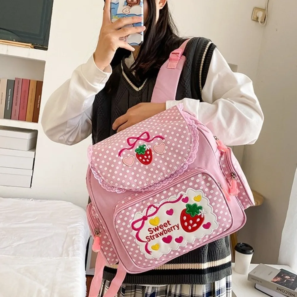 Sweet Cartoon Strawberry School Bag Bow Mochila Dots Girl Backpack Multi-Pocket Fruit Student Rucksack Teenager
