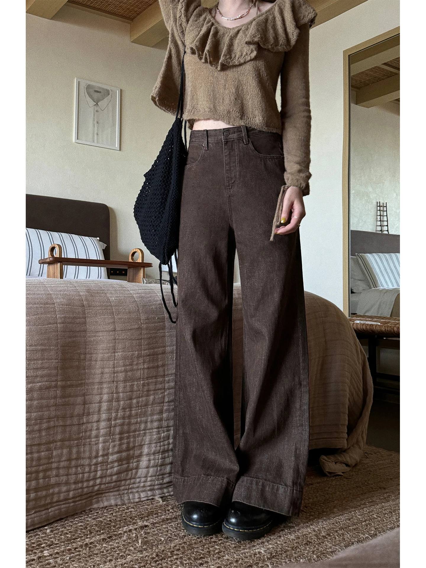 

Женские джинсы JMWOMEN коричневые ретро прямые с высокой талией, расклешенные, свободные, универсальные, широкие, длинные брюки для осени и зимы