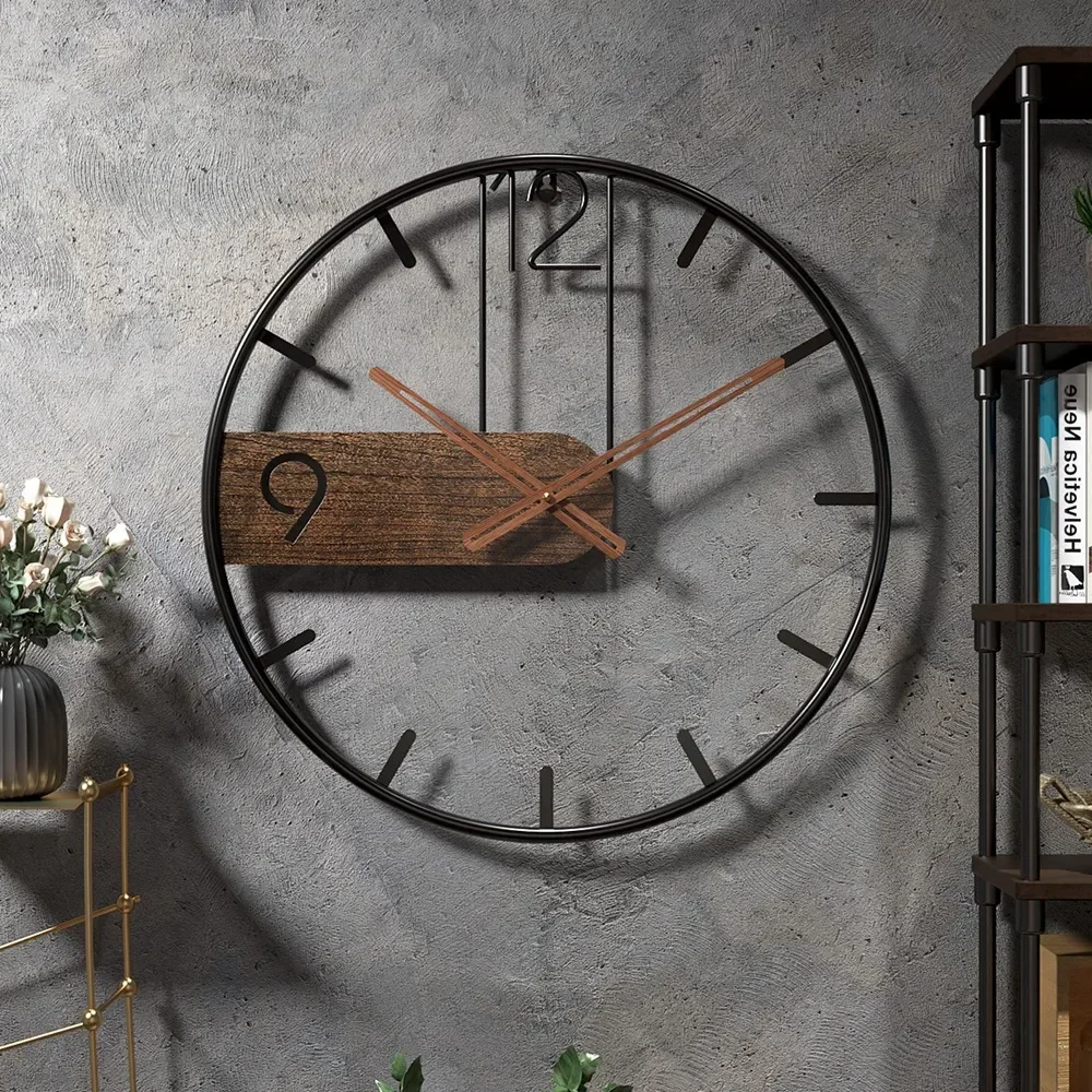 Nordic Metal Walnut Pointer Round Wall Clock Big Size Large 3D Wall Iron Watch Modern Clocks Decoration for Home Living Room