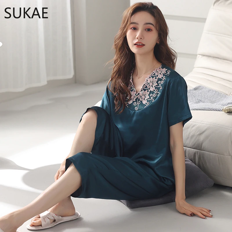 SUKAE Big Size Luxury Lace Silky Sleepwear Women Pijama Mujer Polyester Nightwear M-4XL Satin Silk Calf-length Women Pajama