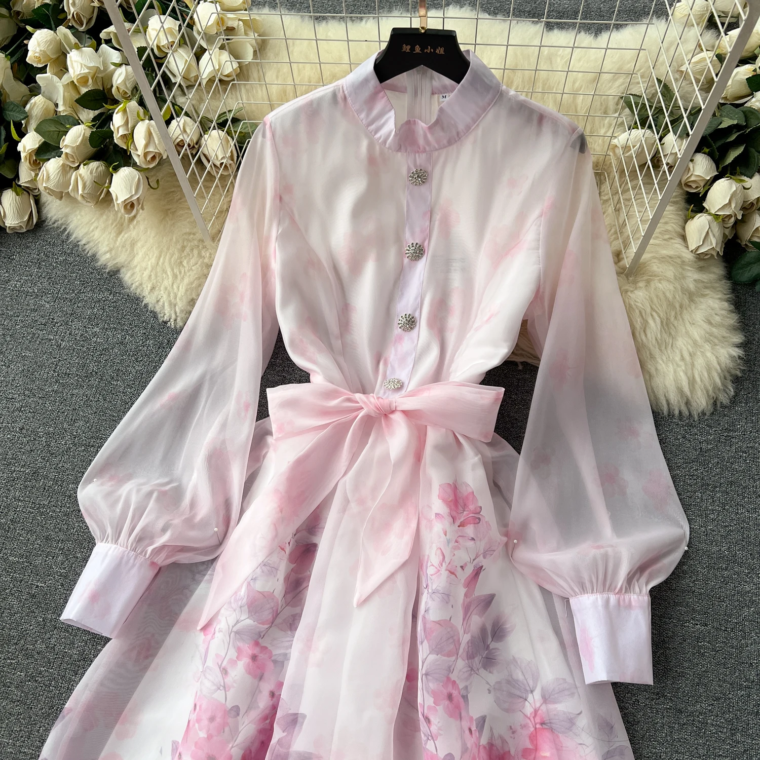 Retro Stand Collar Long Sve Floral Chiffon Dr Women's Spring Autumn New Sle Belted Waist Flared Long Skirt