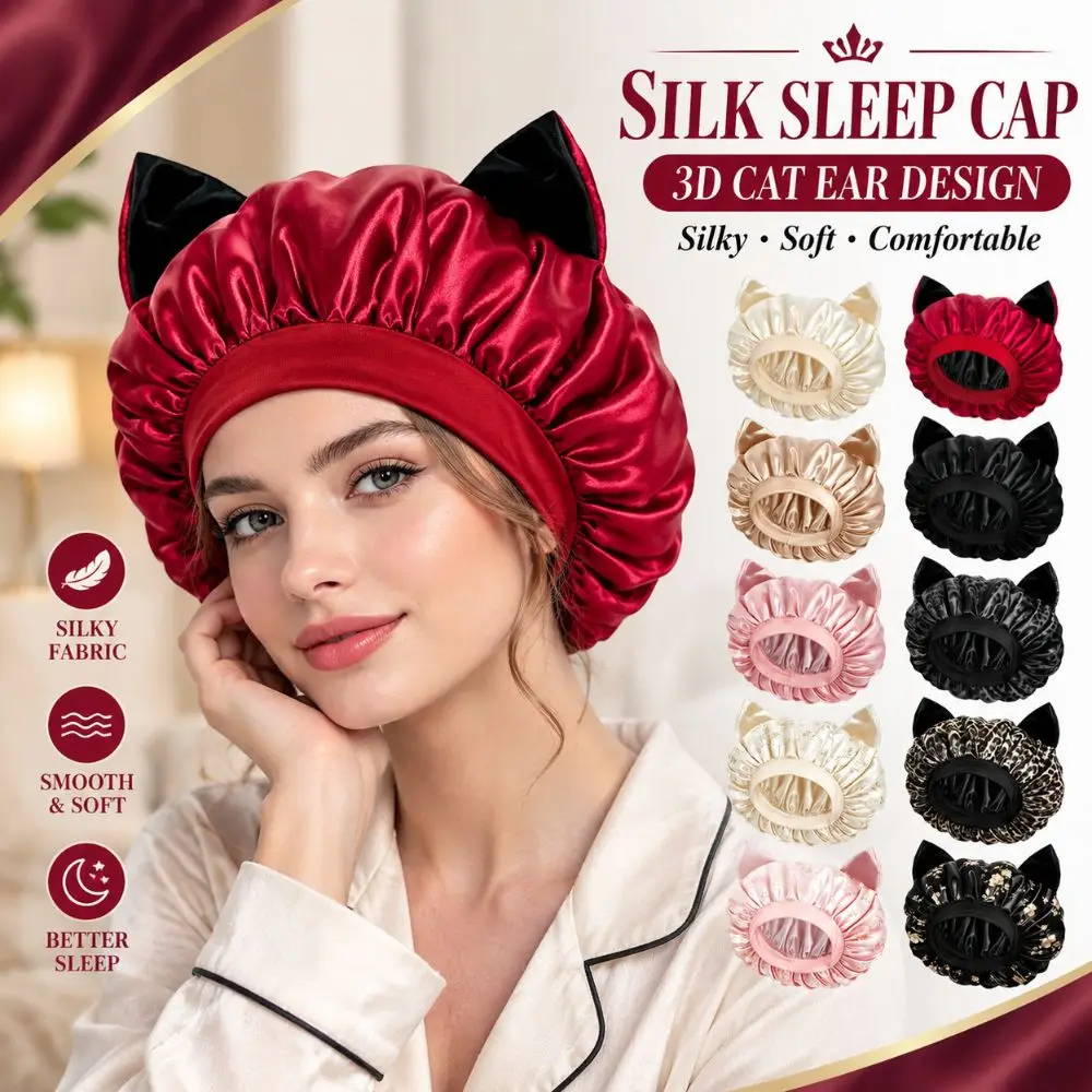 Fashion Silky Smooth Satin Hair Bonnet Breathable Elastic Band Cat Ear Sleep Cap Anti Frizz Soft Hair Protection Hat Night Sleep