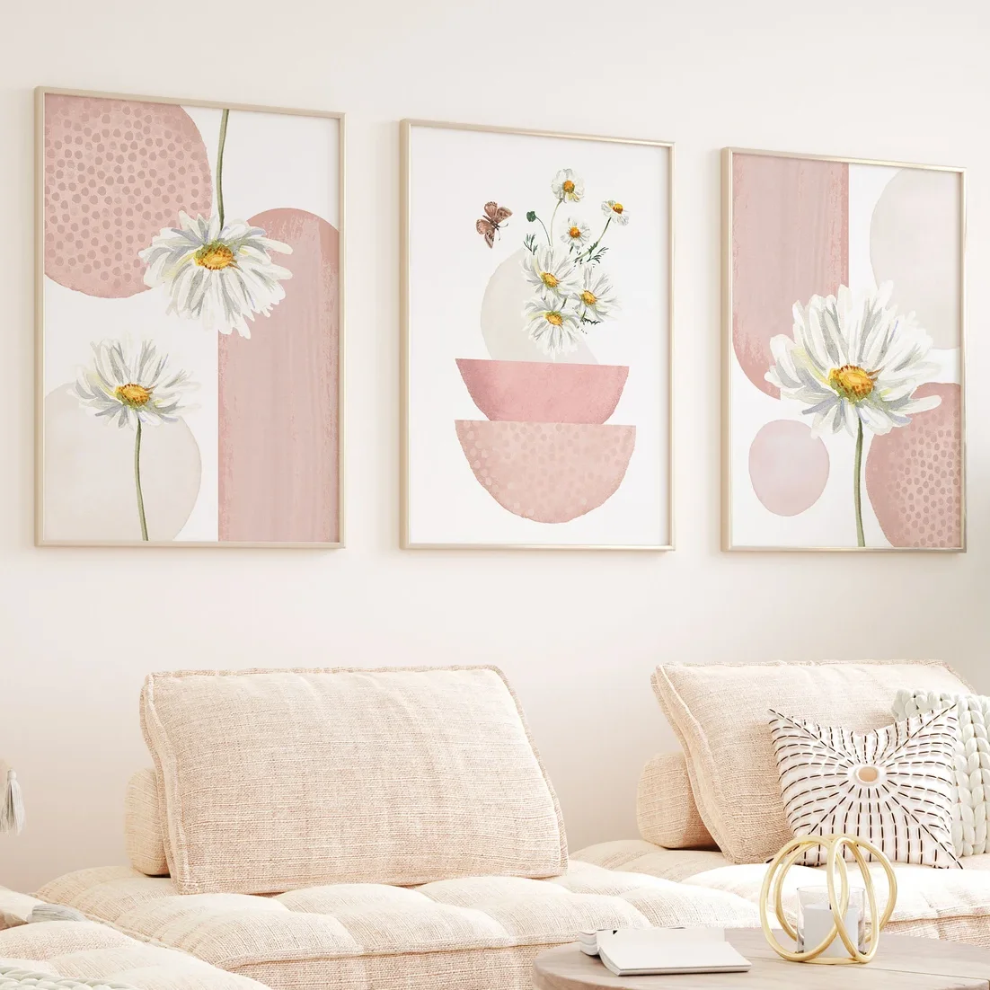 3PCS  Pink Wall Art Rose Pink Botanical  Poster Minimalist Nordic Wall Decor Blush Pink Art Print Canvas Painting for Room Decor