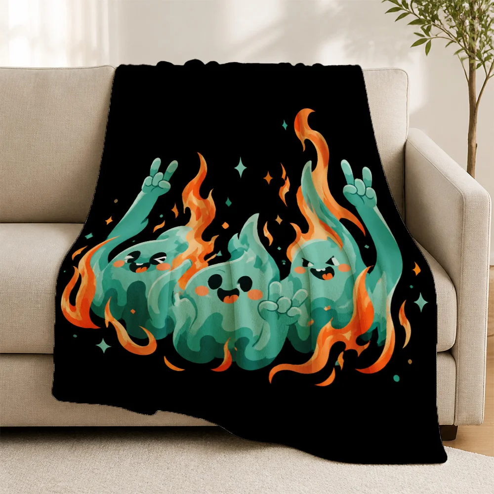 Cute Ghost Flame Character Throw Blanket Sofa Cover Fuzzy Knit Plush Decorative Accent Textile for Living Room Home Decor Gift