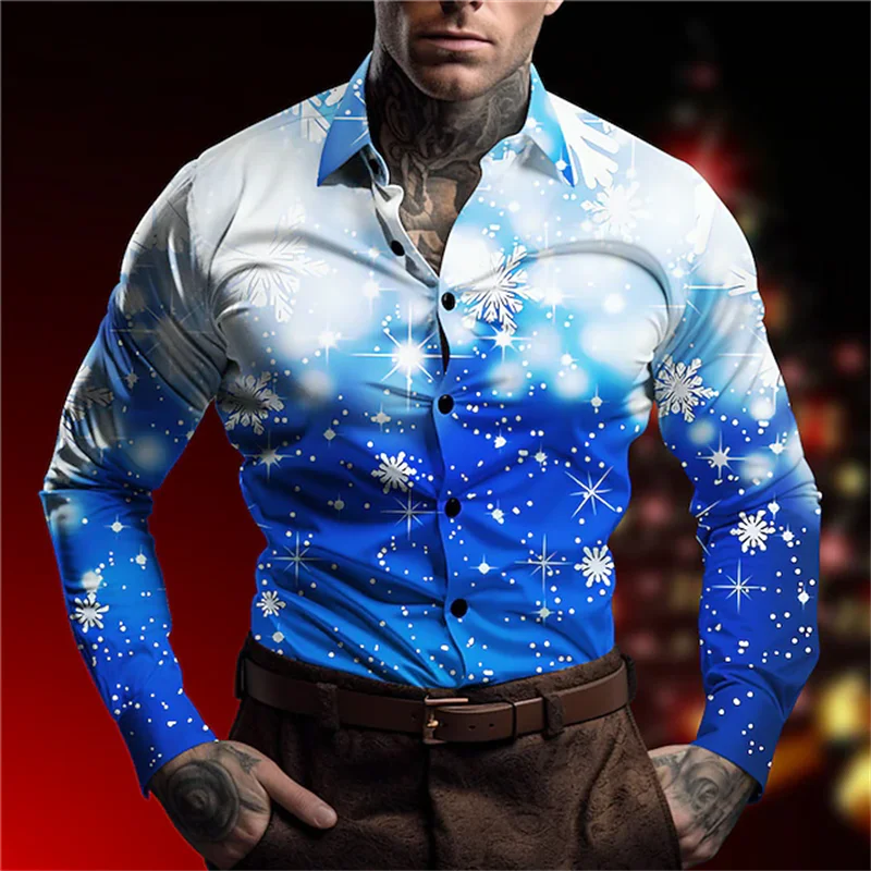 New blue and white gradient snowflake Christmas men's long sleeved shirt with starry glitter print lapel shirt top